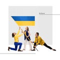 Contemporary art collage. Group of young people rising flag of Ukraine, promoting ukrainian business and culture