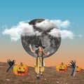 Contemporary art collage. Halloween theme. Little girl in witch costume walking. Ideas, inspiration, party, ad