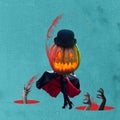 Contemporary art collage. Halloween theme. Woman headed of glowing pumpkin over blue background. Ideas, inspiration