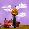 Contemporary art collage. Halloween theme. Woman headed of glowing pumpkin over purple background. Ideas, inspiration