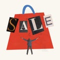 Contemporary art collage. Happy and excited man widely raising hands in front of giant shopping bag. Sales