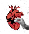 Contemporary art collage. Human hands and drawn red human heart over light background. Concept of care, health, medicine