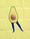 Contemporary art collage. Legs in bright blue tights with healthy avocado head over yellow background. Healthy eating