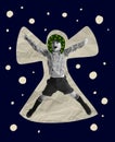 Contemporary art collage. Little boy, child in image of christmas angel over starry background. Miracles