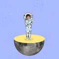 Contemporary art collage. Little boy, child pretending to be an astronaut standing on the moon isolated over purple