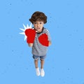 Contemporary art collage. Little boy, child in red gloves pretending to be boxer isolated over blue background