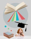 Contemporary art collage. Little girl, child with bored face sitting around books. Educational concept.