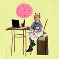 Contemporary art collage. Little girl, child pretending to be adul, worker isolated over yellow background