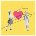 Contemporary art collage. Little smiling children, boy and girl holding big valentine over yellow background