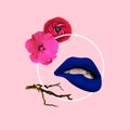 Contemporary art collage. Makeup and tenderness. Blue lips and flowers. Minimal design