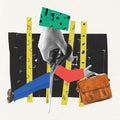 Contemporary art collage. Male hand cutting with scissors symbolizing salary reduction