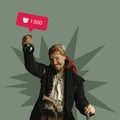 Contemporary art collage of man in character of pirate celebrating one hundred likes on social media isolated over green