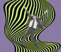 Contemporary art collage. Man dancing over black-green hypnotic pattern background. Ideas, inspiration, surrealism