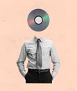 Contemporary art collage of man in official suit with DVD disc head isolated over peach background Royalty Free Stock Photo