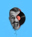 Contemporary art collage of man's head with half vinyl record isolated over blue background