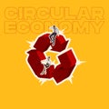 Contemporary art collage. Man and woman sitting on recycle symbol and making statistics about circular economy isolated