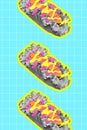 Contemporary art collage. Modern creative artwork. Monochrome, hot dogs with colorful vivid souses against blue paper Royalty Free Stock Photo