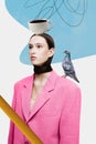 Contemporary art collage. Modern creative artwork. Officially dressed attractive woman with pigeon on shoulder and white Royalty Free Stock Photo