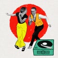 Contemporary art collage, modern design. Party mood. Couple of dancers dancing to retro music isolated on abstract Royalty Free Stock Photo