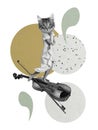 Contemporary art collage, modern design. Retro style. Cute cat with female body standing on giant violin on pastel color
