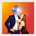 Contemporary art collage, modern design. Retro style. Enamored couple, man headed with disco party ball