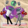 Contemporary art collage, modern design. Summer mood. Couple of dancers dancing isolated on multicolored abstract Royalty Free Stock Photo