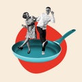 Contemporary art collage, modern design. Summer mood. Couple of dancers dancing on pan isolated on light abstract Royalty Free Stock Photo