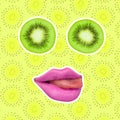 Contemporary art collage, modern design. Summer mood. Juicy kiwi with female mouthes and lips on yellow