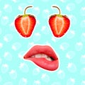 Contemporary art collage, modern design. Summer mood. Juicy strawberry with female mouthes and lips on blue