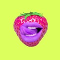 Contemporary art collage, modern design. Summer mood. Juicy strawberry with female mouthes and lips on yellow