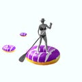 Contemporary art collage, modern design. Summer mood. Woman swimming on big purple donut like on kayak on white Royalty Free Stock Photo