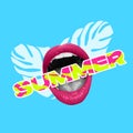 Contemporary art collage, modern design. Summer time mood. Composition with female opened mouth isolated over bright