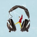 Contemporary art collage, modern surreal design of young woman listening music in headphones isolated over blue