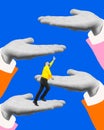 Contemporary art collage. Multiple hands creating staircase, with man climbing, depicting layers of guidance and