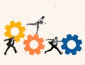 Contemporary art collage of people, employee connecting mechanism symbolizing team work