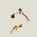 Contemporary art collage. Professional male basketball player playing isolated on light background. Royalty Free Stock Photo