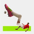 Contemporary art collage. Professional soccer player with long leg kicks ball in jump in motion. Trendy magazine style