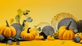 Contemporary art collage. Pumpkins squashes on an abstract organic shape background. Copy space for text, orange color
