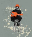 Contemporary art collage. Retro style. Young man, fashionable hipster playing guitar isolated over gray background