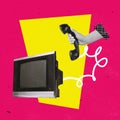 Contemporary art collage. Retro TV set and phone handset isolated oevr bright pink background Royalty Free Stock Photo