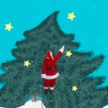 Contemporary art collage of Santa decorating big Christmas tree isolated over blue background with yellow stars