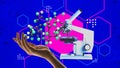 Contemporary art collage. Science and technology integration. Human hand holding molecular structure with microscope. Royalty Free Stock Photo