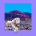 Contemporary art collage. Sculpture renaissance Lion and wild landscape