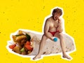 Contemporary art collage. Shirtless fat man sitting on giant shawarma and eating slice of pizza isolated over yellow