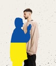 Contemporary art collage. Silhuoette of young woman painted in ukrainian flag colors hugging man painted in ukrainian