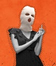 Contemporary art collage. Stylish brutal woman in black dress and white balaclava isolated over orange background