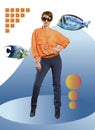 Contemporary art collage. Stylish girl in sunglasses, gradient abstract shapes and floating fish in the background