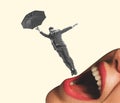 Contemporary art collage. Stylish man flying with umbrella.Female mouth talking. Infromation