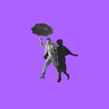 Contemporary art collage. Stylish man walking under umbrella with space silhouette of woman isolated over purple