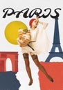 Contemporary Art Collage. Stylish Young Girl With Food In Parisian Outfit Standing On Background With Famous French